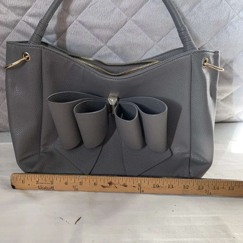 Grossi Jenna Purse Triple Compartment‎ Bowtie Satchel Hand Bag Warm Grey